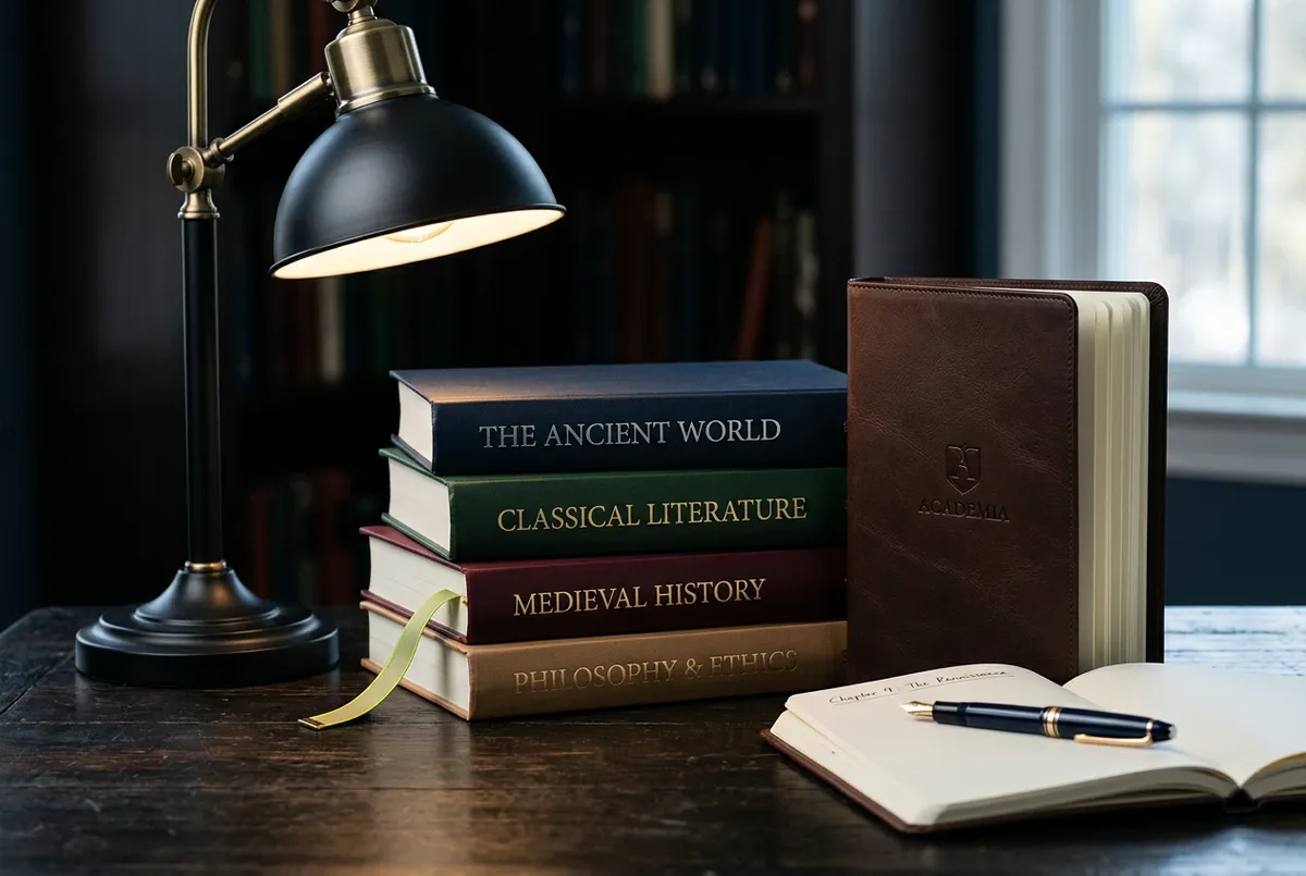 Tutoring & Academic Support - scholarly study space with leather-bound books and focused study lamp