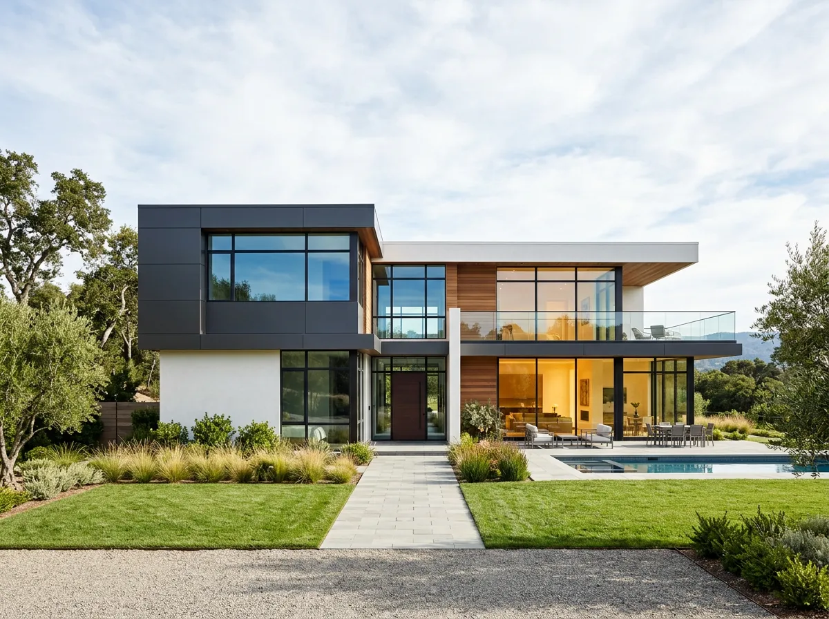 Contemporary luxury architectural home exterior with modern facade and manicured landscape
