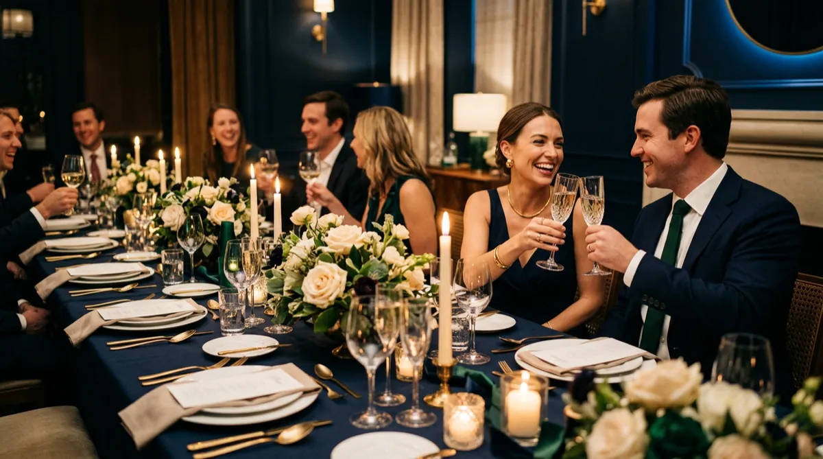 Warm elegant upscale celebratory dinner with toast and flowers