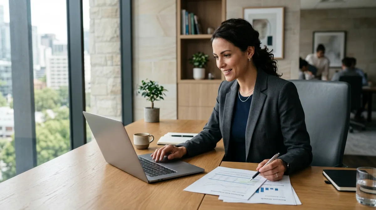 Premium realistic lifestyle image of a small-business owner in a professional office setting representing business funding and business growth
