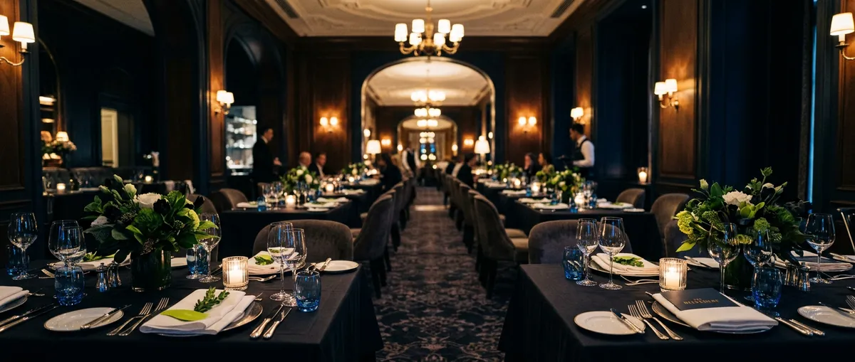 Atmospheric fine dining restaurant interior with ambient warm lighting, elegantly set tables, and refined culinary presentation