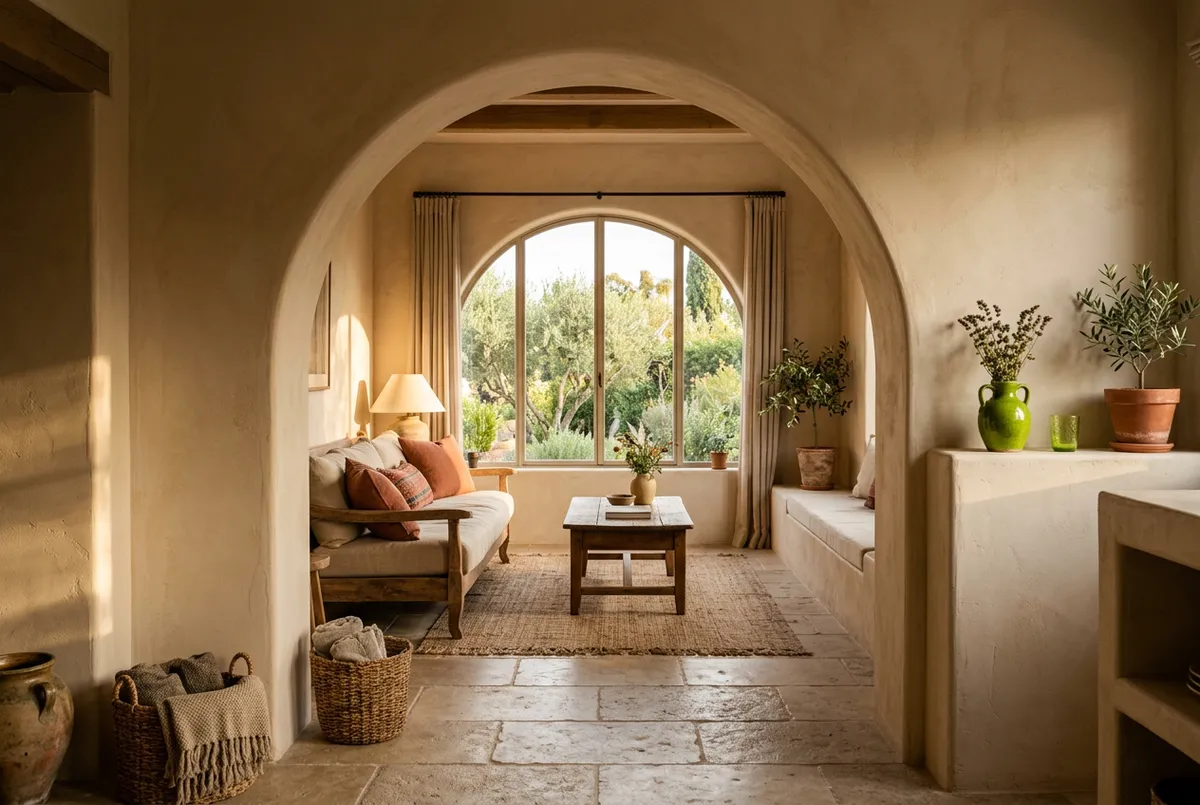 Mediterranean ADU Interior with warm plaster and terracotta arches