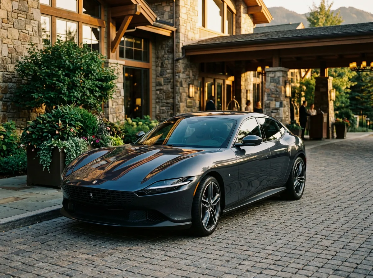 Sleek modern luxury vehicle parked at an upscale resort arrival court