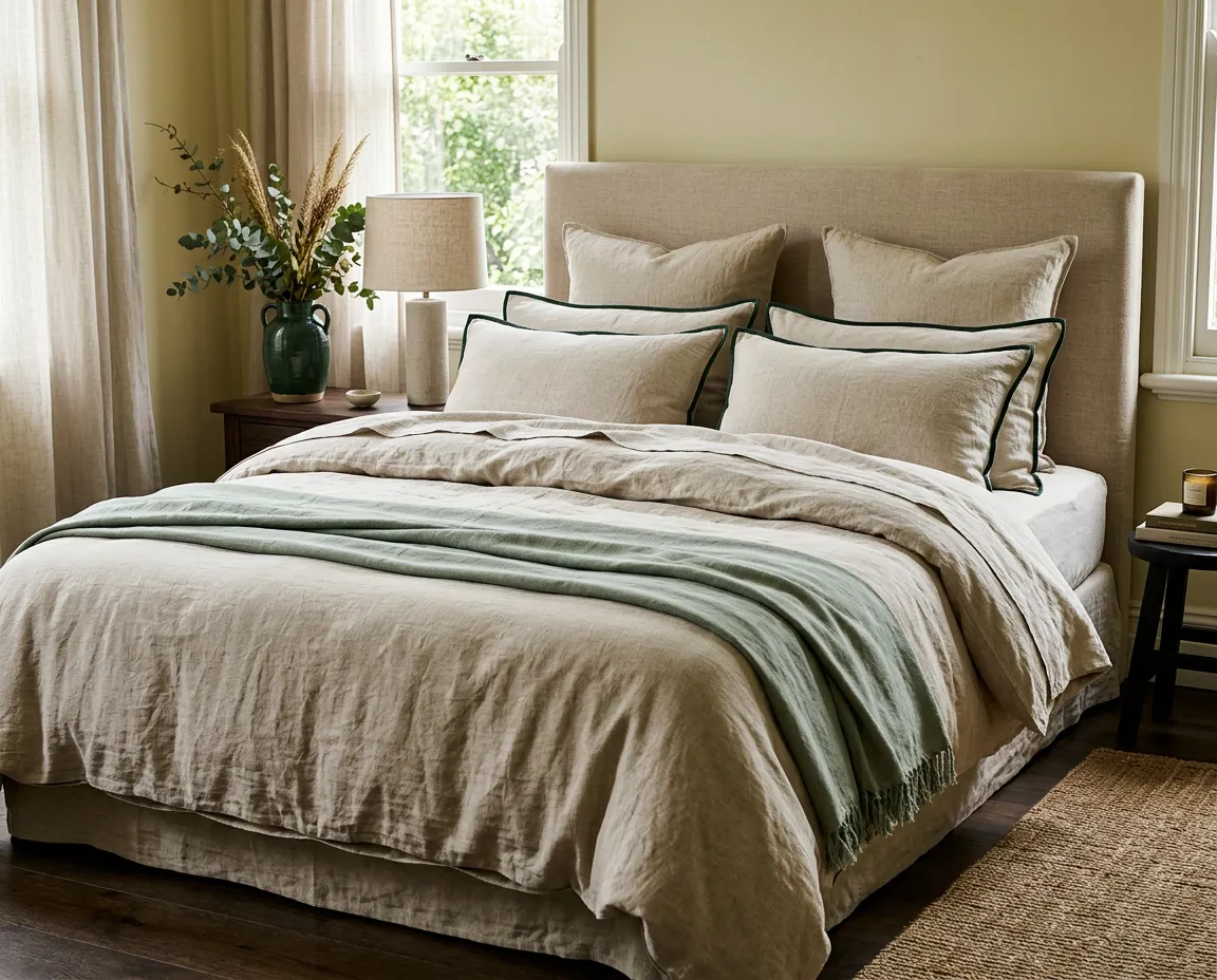 French flax washed linen duvet set in soft earthy tones on styled luxury bed