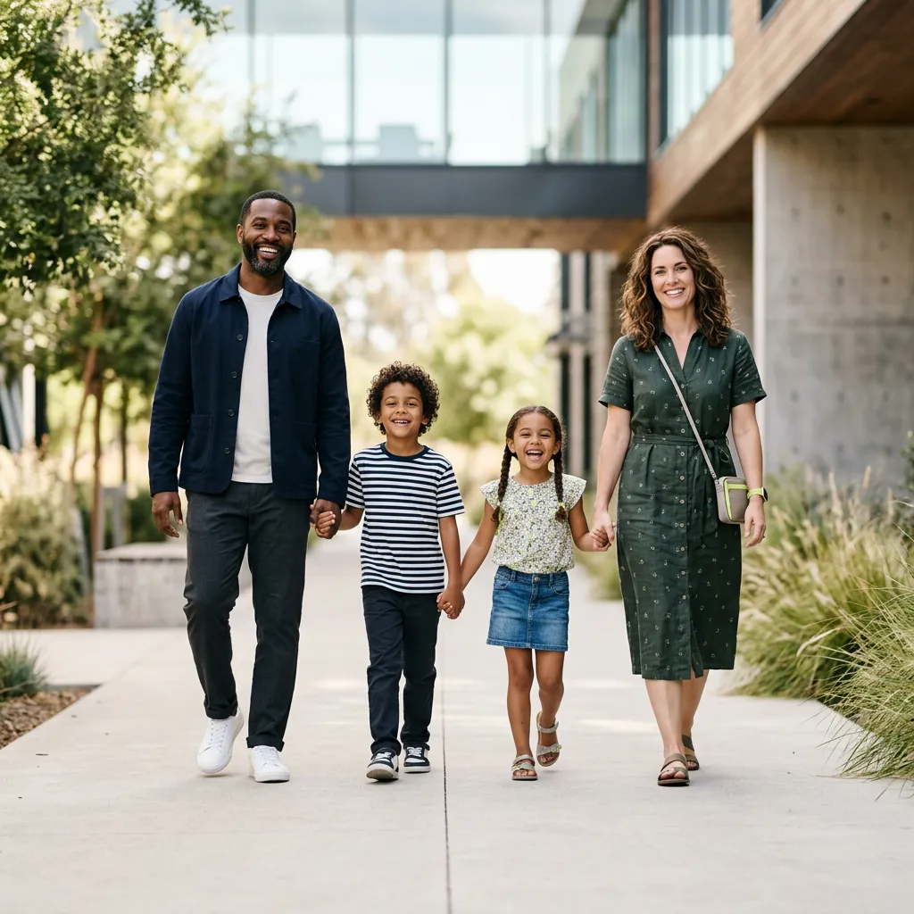 Joyful modern family dressed in coordinated stylish everyday outfits outdoors