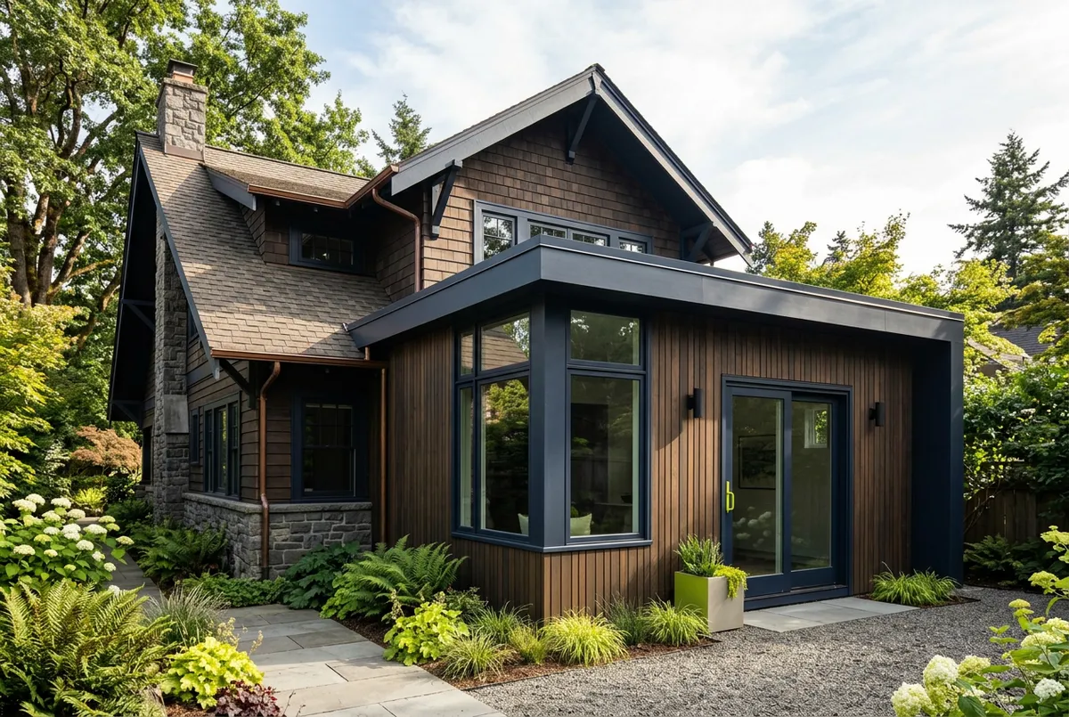 Architectural bump-out home addition ADU extending off the side of a contemporary craftsman residence