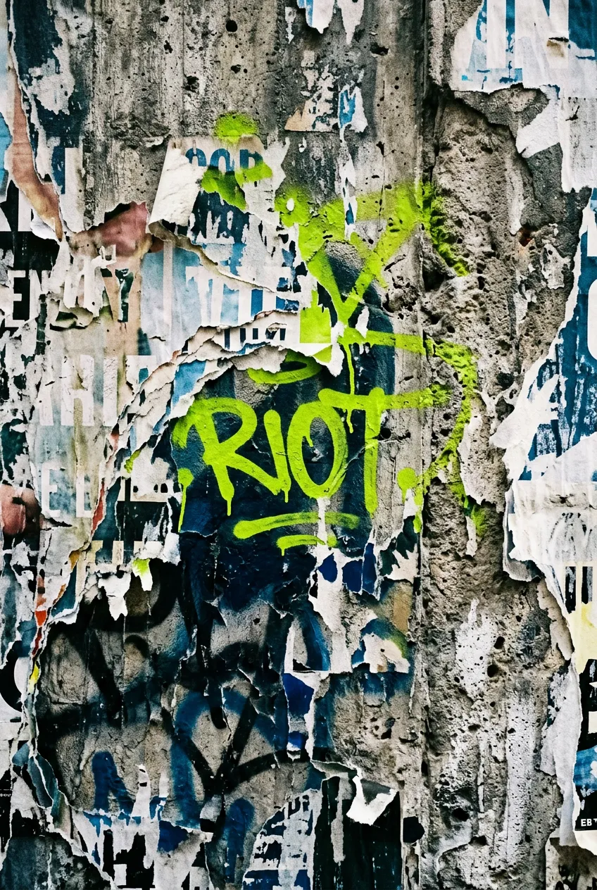 Distorted static visuals and graffiti layers