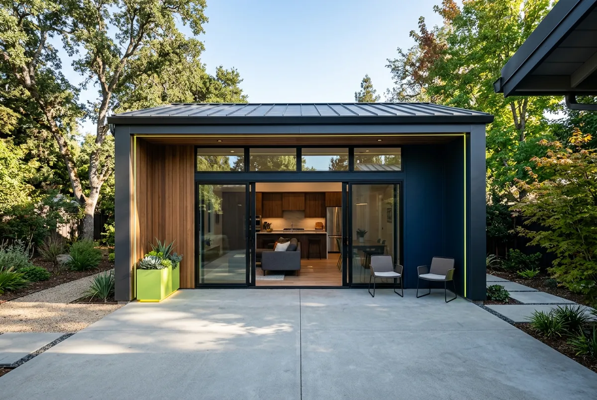 Sleek modern garage conversion ADU with glass panel sliding doors and finished exterior