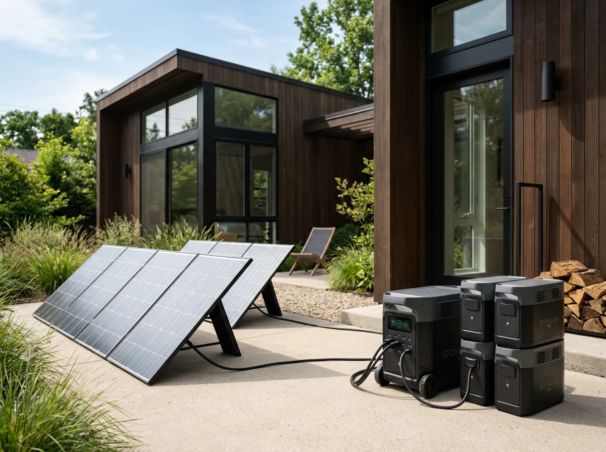 EcoFlow DELTA PRO Ultra Solar Kit set up near a contemporary ADU (photorealistic)