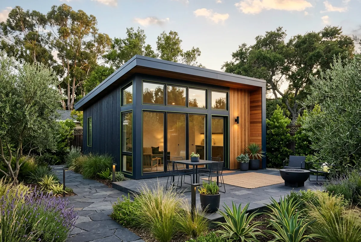 Modern architecturally designed detached backyard ADU with patio and landscaped garden