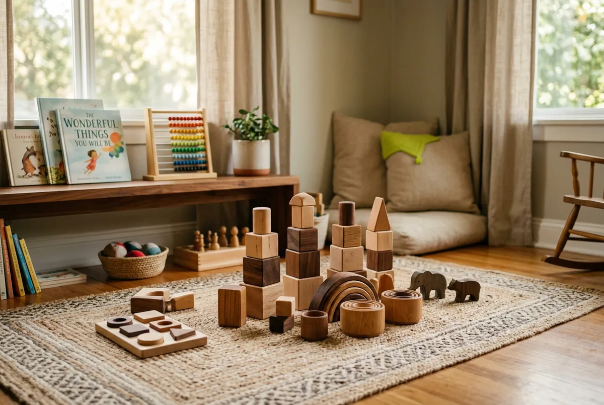 Montessori wooden educational toys and stacking blocks in sunny nursery playroom