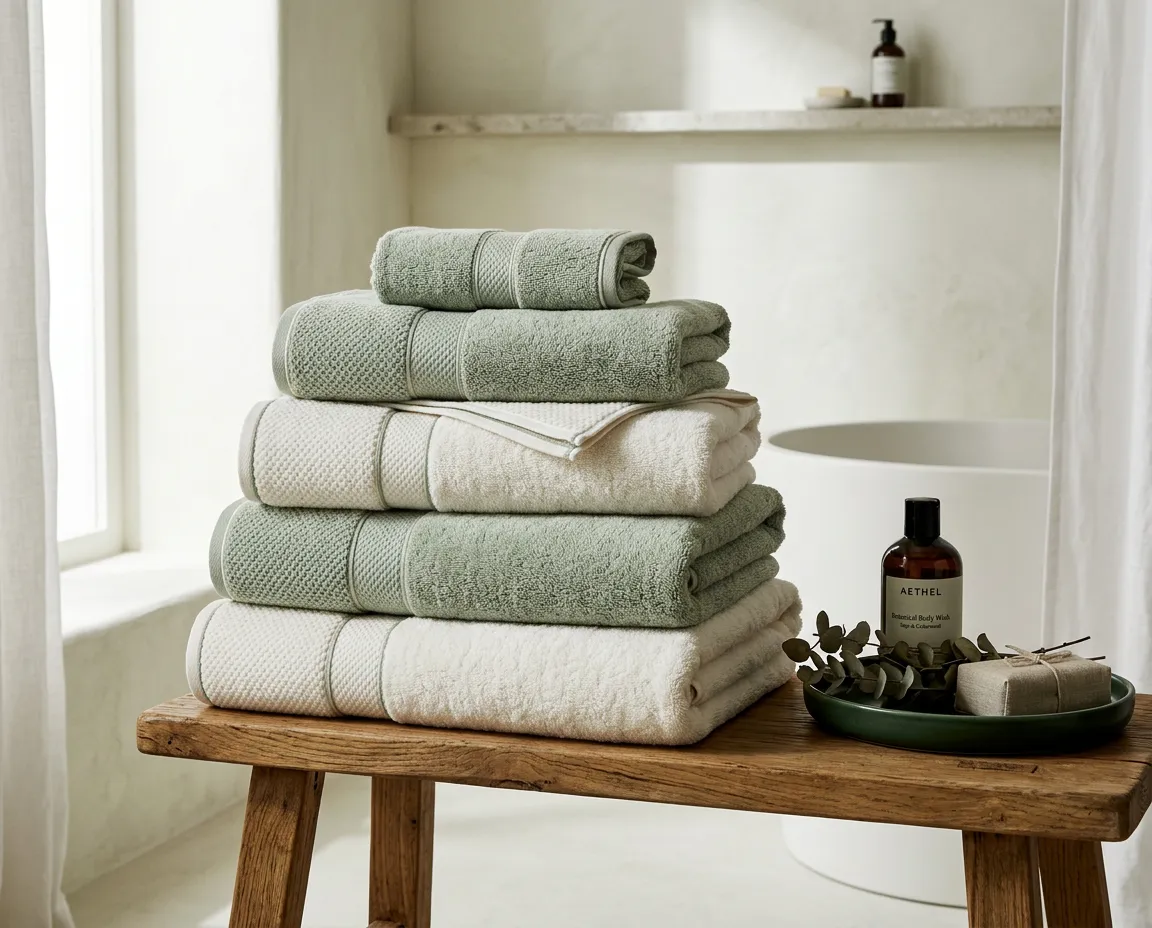 Plush Turkish ribbed bath sheet bundle folded neatly in serene minimalist bathroom