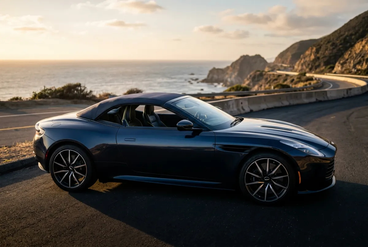 Sleek modern rental convertible parked on coastal highway