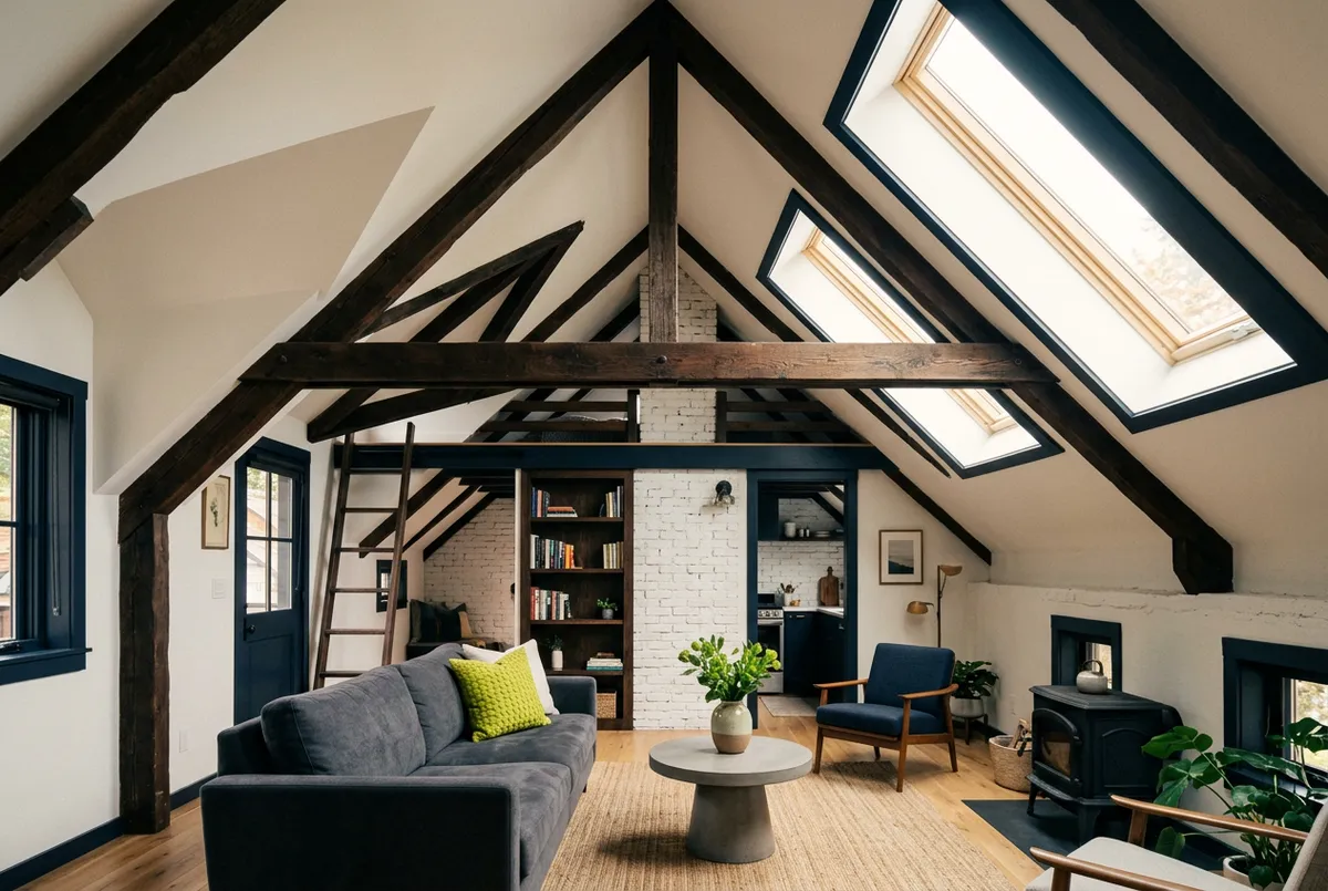 Vaulted ceiling attic conversion ADU with skylights, exposed architectural beams, and modern furnishings