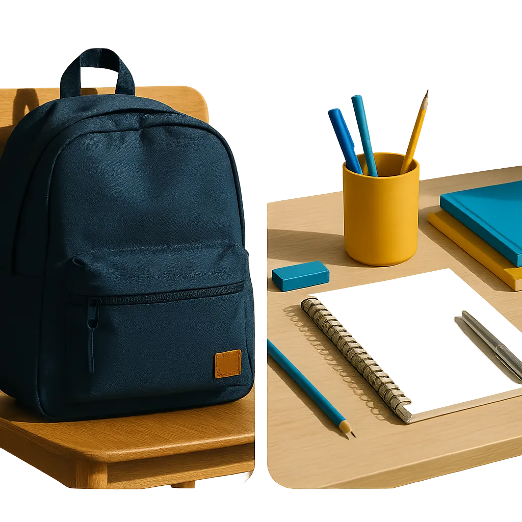 A vibrant split-panel composite photograph showing a fully packed organized student backpack on the left and a pristine study desk setup with stationery on the right