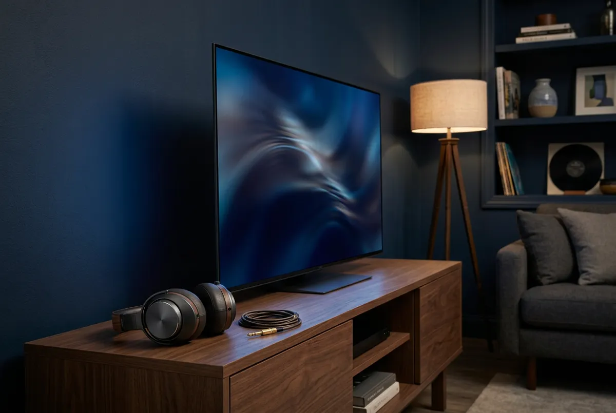 High fidelity audio headphones and premium home entertainment display system