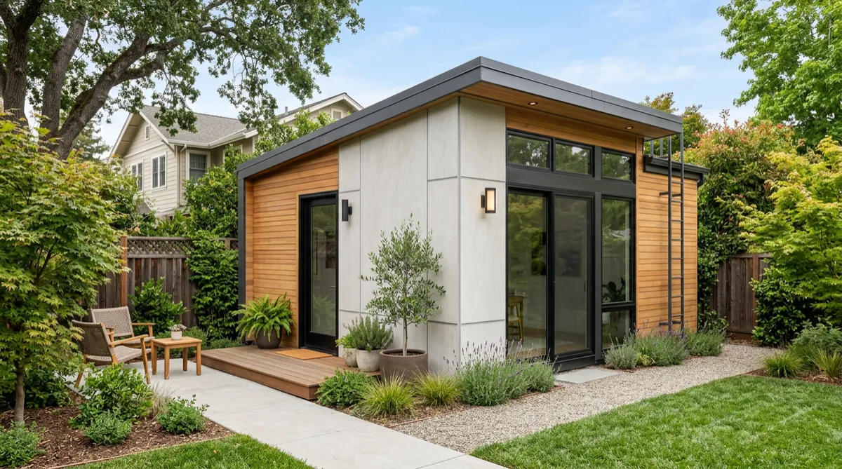 Pre-Fab ADU Today — sleek prefabricated tiny-home ADU exterior in a residential backyard