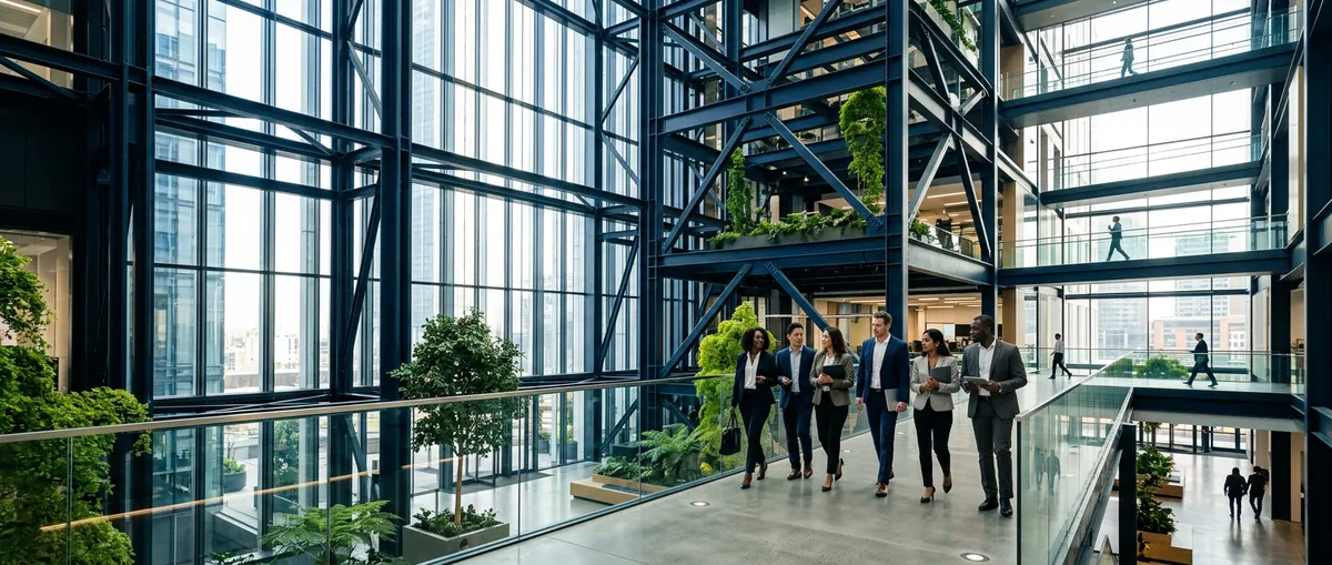 Cinematic modern corporate office interior featuring collaborative professional team and expansive architectural light