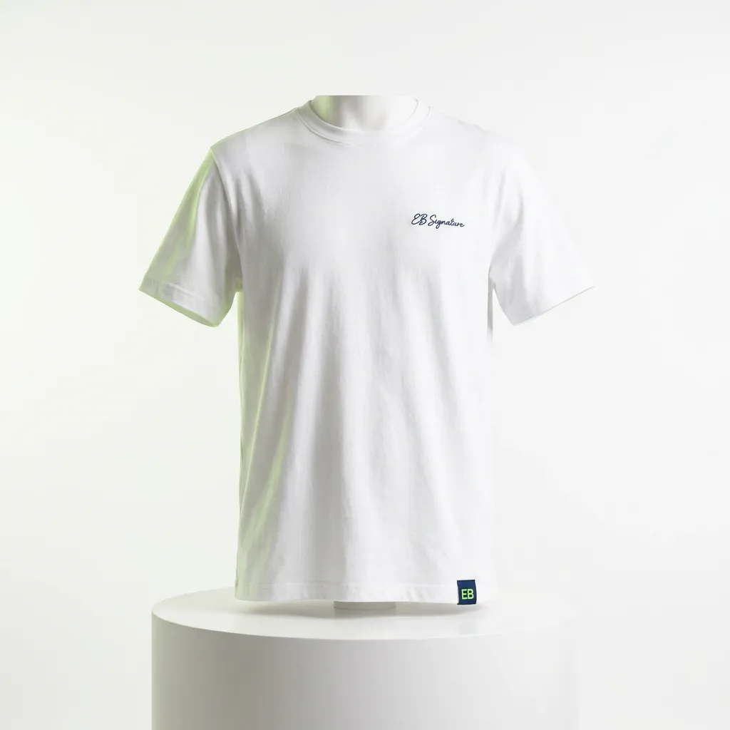 EB Signature Tee in White front mockup on clean background