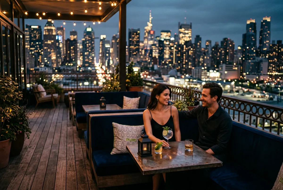 Vibrant city rooftop cocktail lounge with illuminated skyline panorama