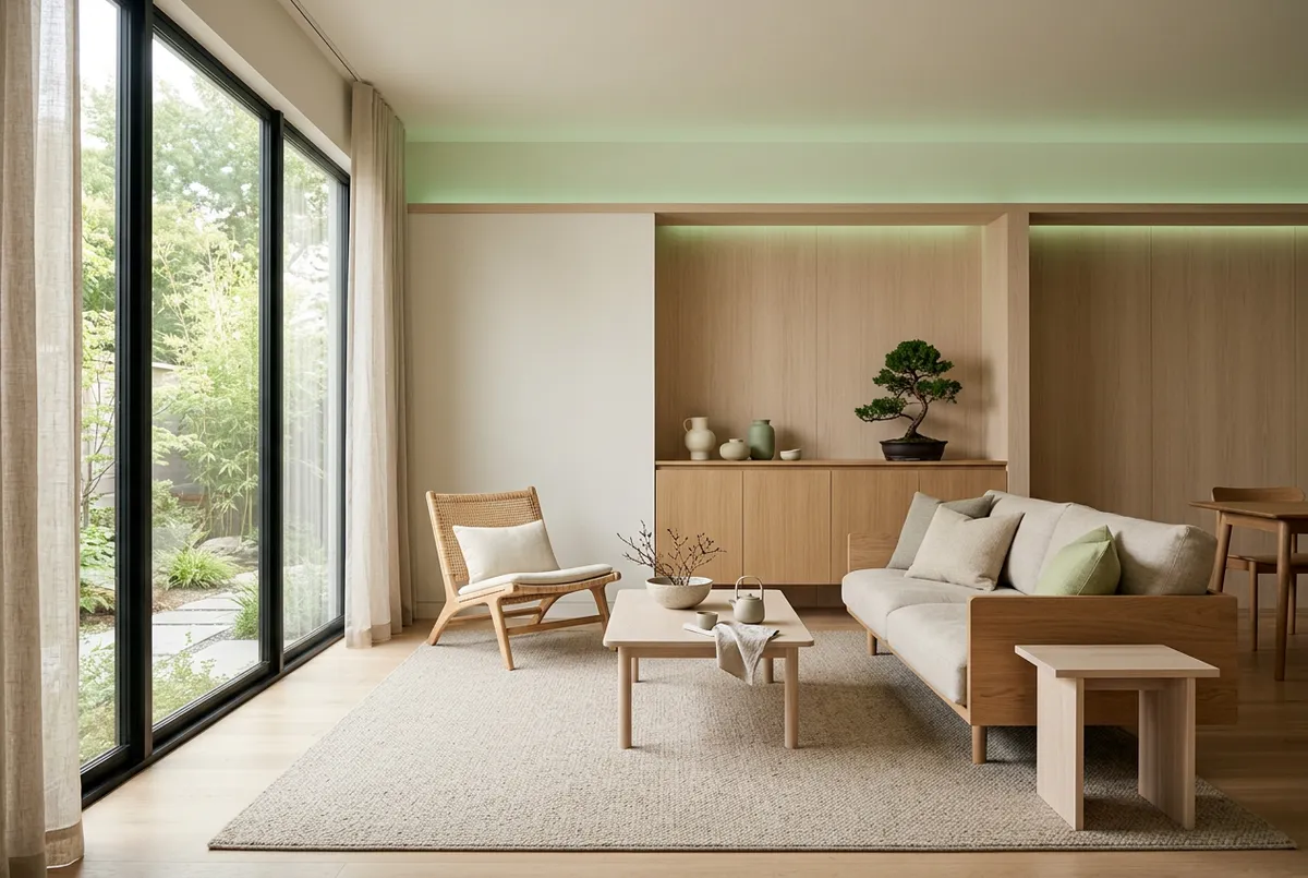 Japandi ADU Interior with warm pale woods and soft neutrals