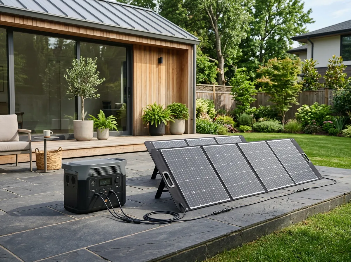 EcoFlow DELTA PRO Solar Kit set up beside a modern backyard ADU (photorealistic)