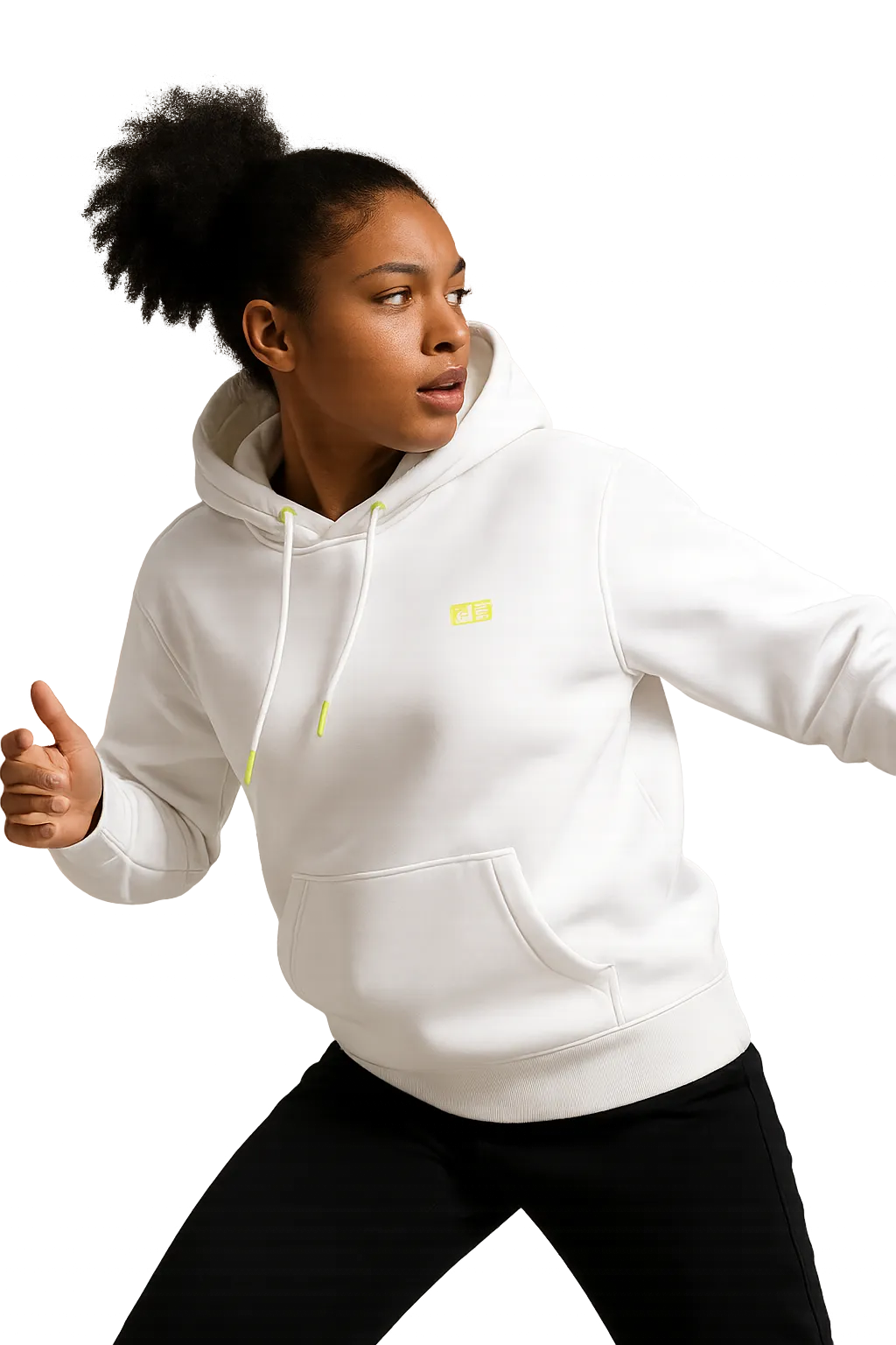 Model wearing official EB Merch oversized hoodie and utilitarian gear cutout