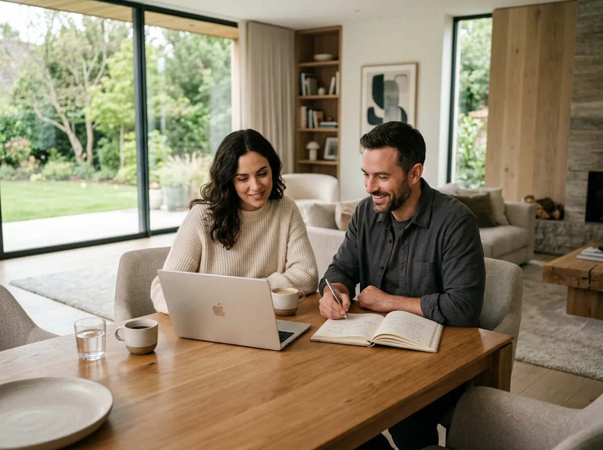 Modern individual or family reviewing finances on a laptop at home, representing credit and financial wellness
