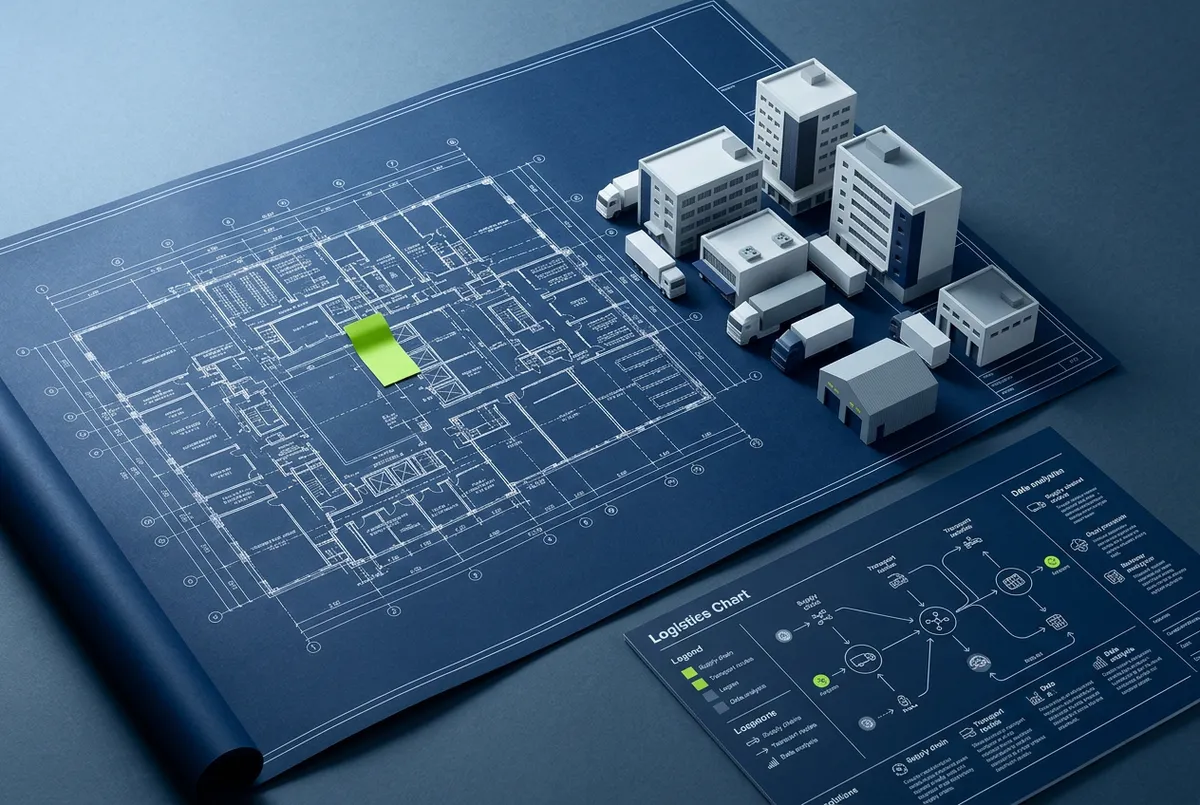 Property, Project & Logistics Services - modern commercial architecture blueprint with scale models and logistics charts