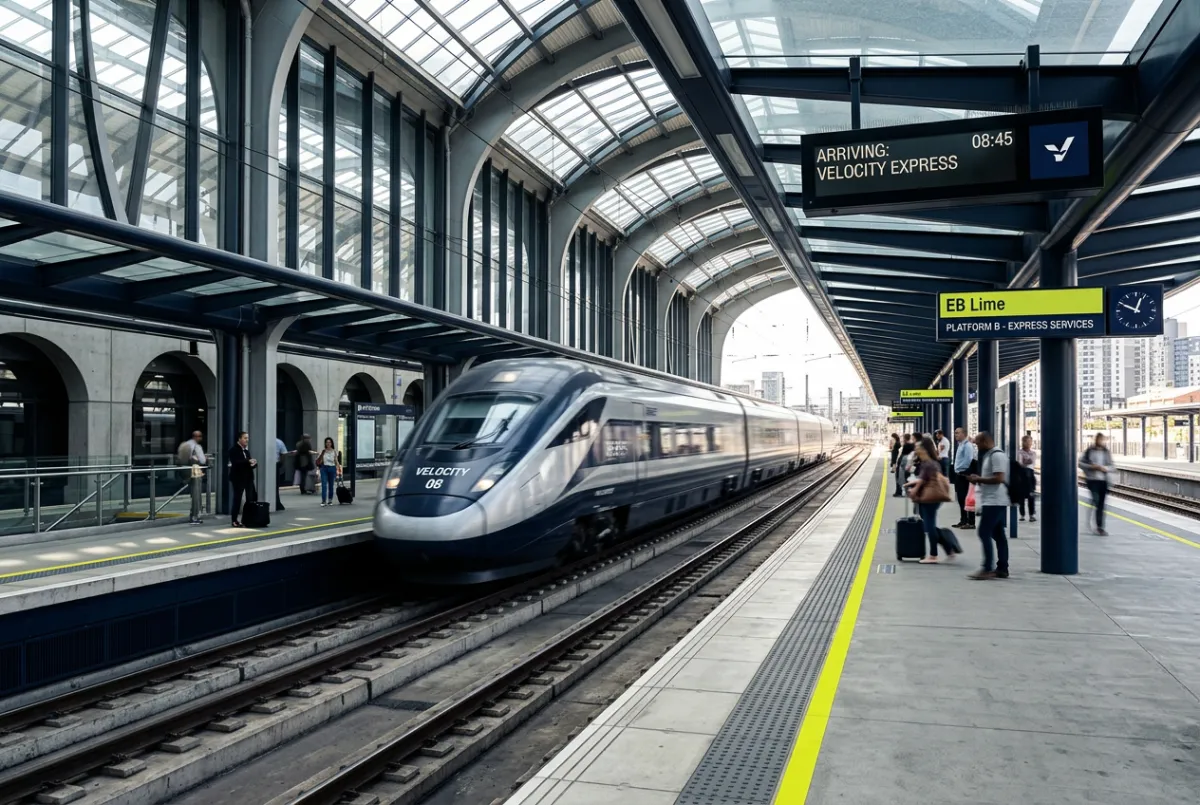 Modern high-speed express train arriving at modern architectural station