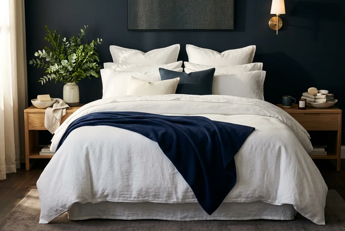 Serene bedroom with luxury linens, plush pillows, and modern bath accessories