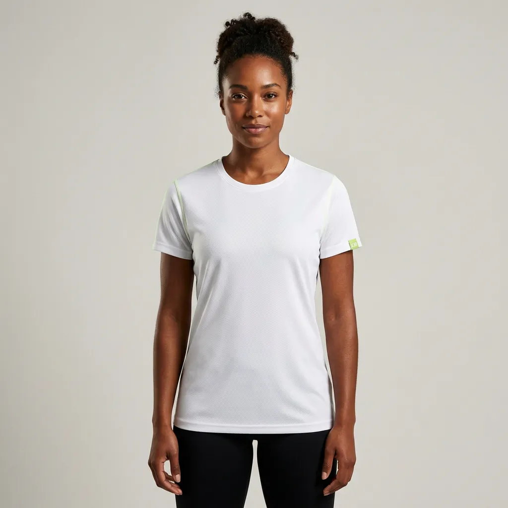 Signature Tee White performance mockup with subtle EB Lime sleeve tag on model