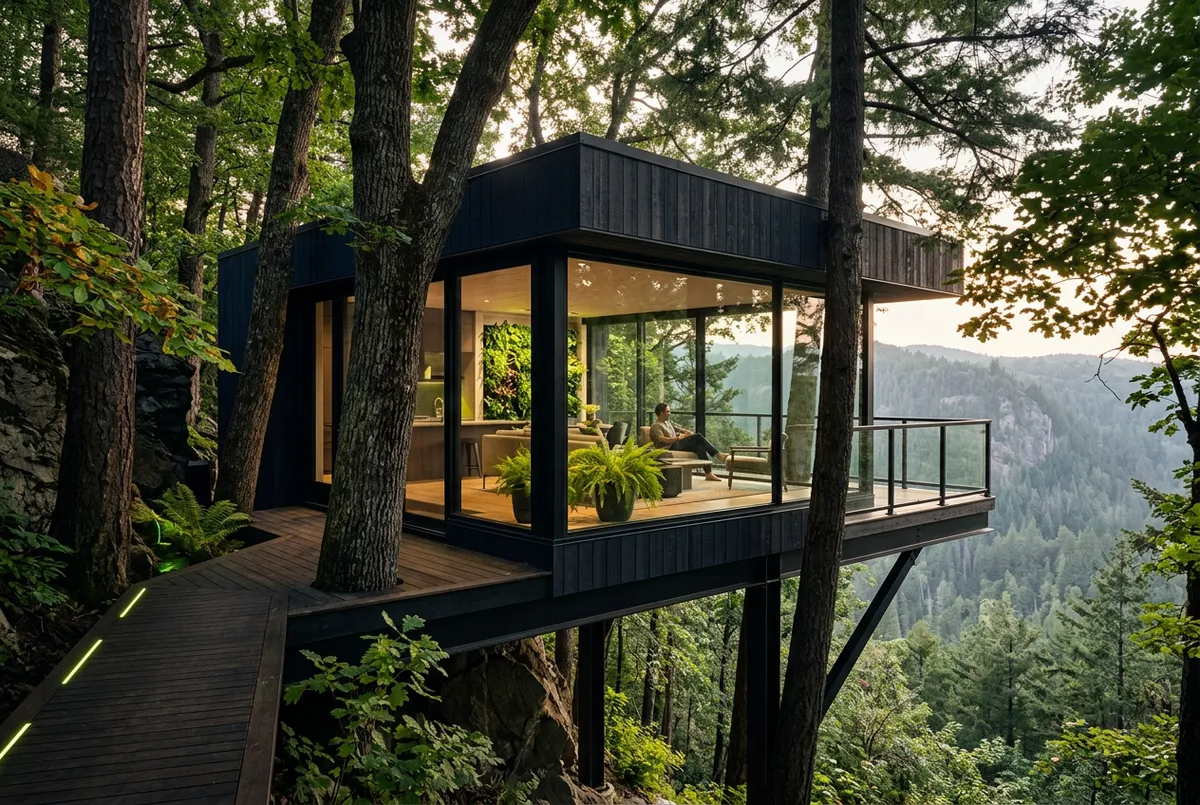 Unique luxury architectural cliff-side treehouse ADU nestled in forest canopy with panoramic windows