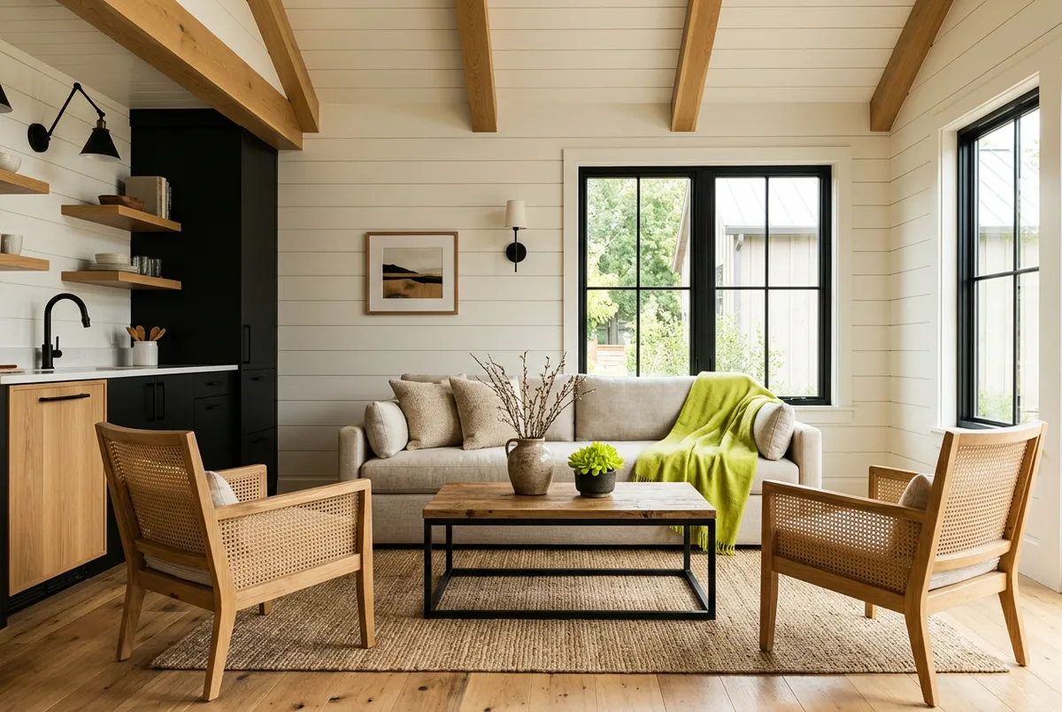 Modern Farmhouse ADU Interior with natural oak and matte black accents