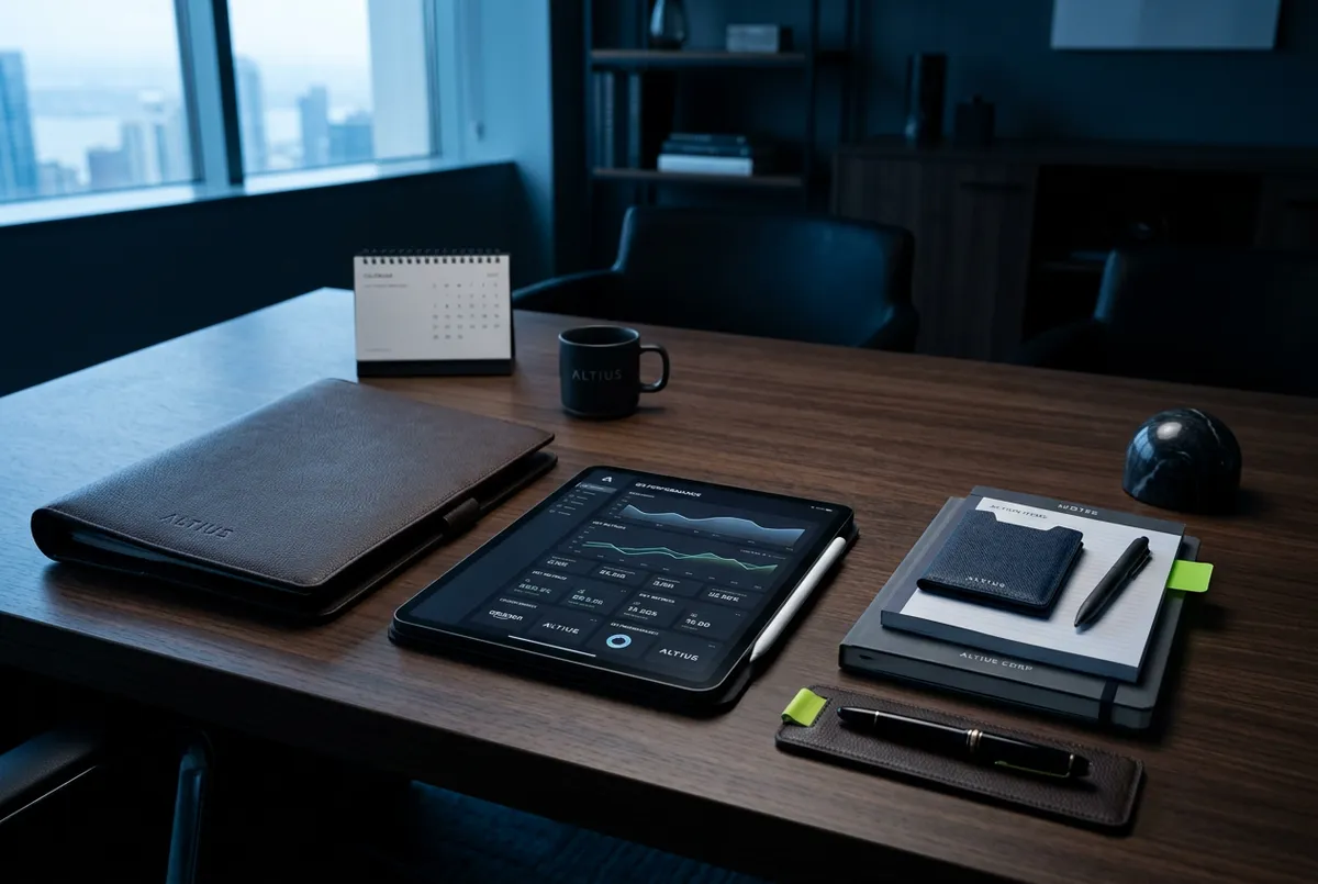 Business & Administrative Services - organized corporate desk with executive stationery and sleek analytics screen