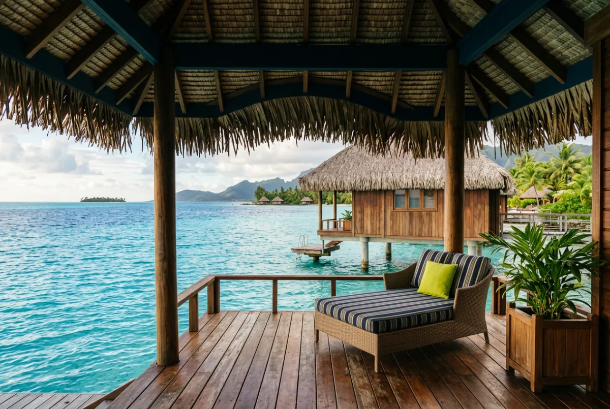 Tropical island vacation bungalow overlooking turquoise lagoon
