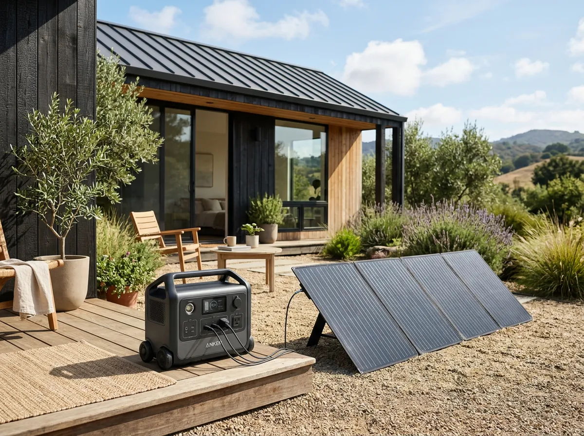 Anker F3800 Plus Solar Bundle set up beside a small guest house/ADU (photorealistic)