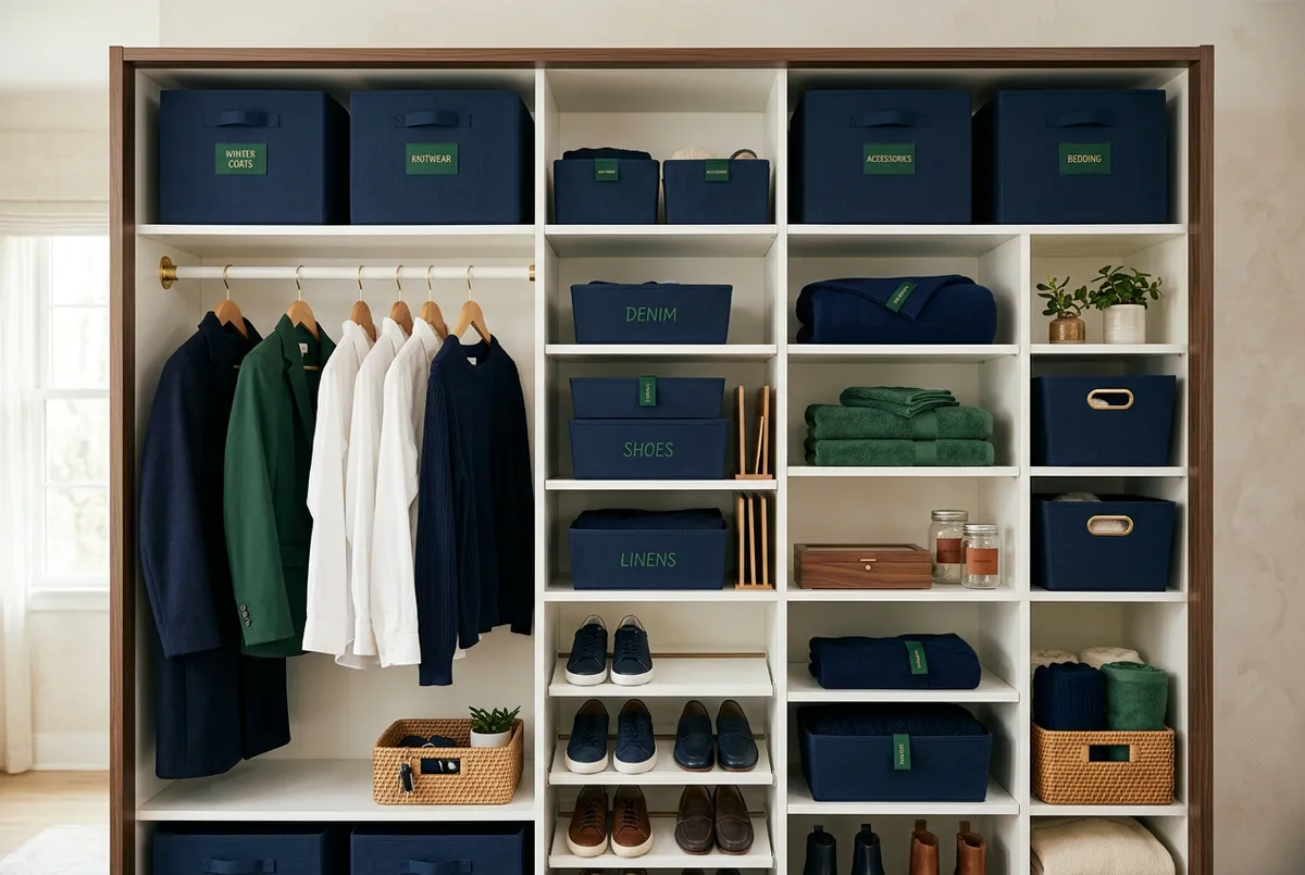 Organized modular closets, tidy storage containers, and moving supplies