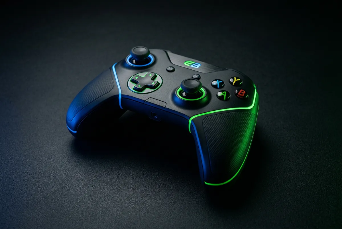 Modern gaming console setup with ergonomic controller and ambient lighting