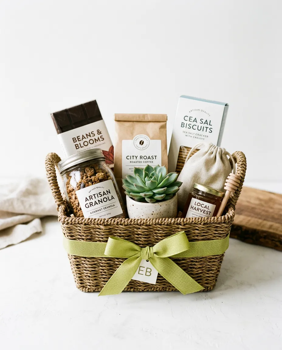 Warm just-because gift basket with artisan treats and cozy succulent plants