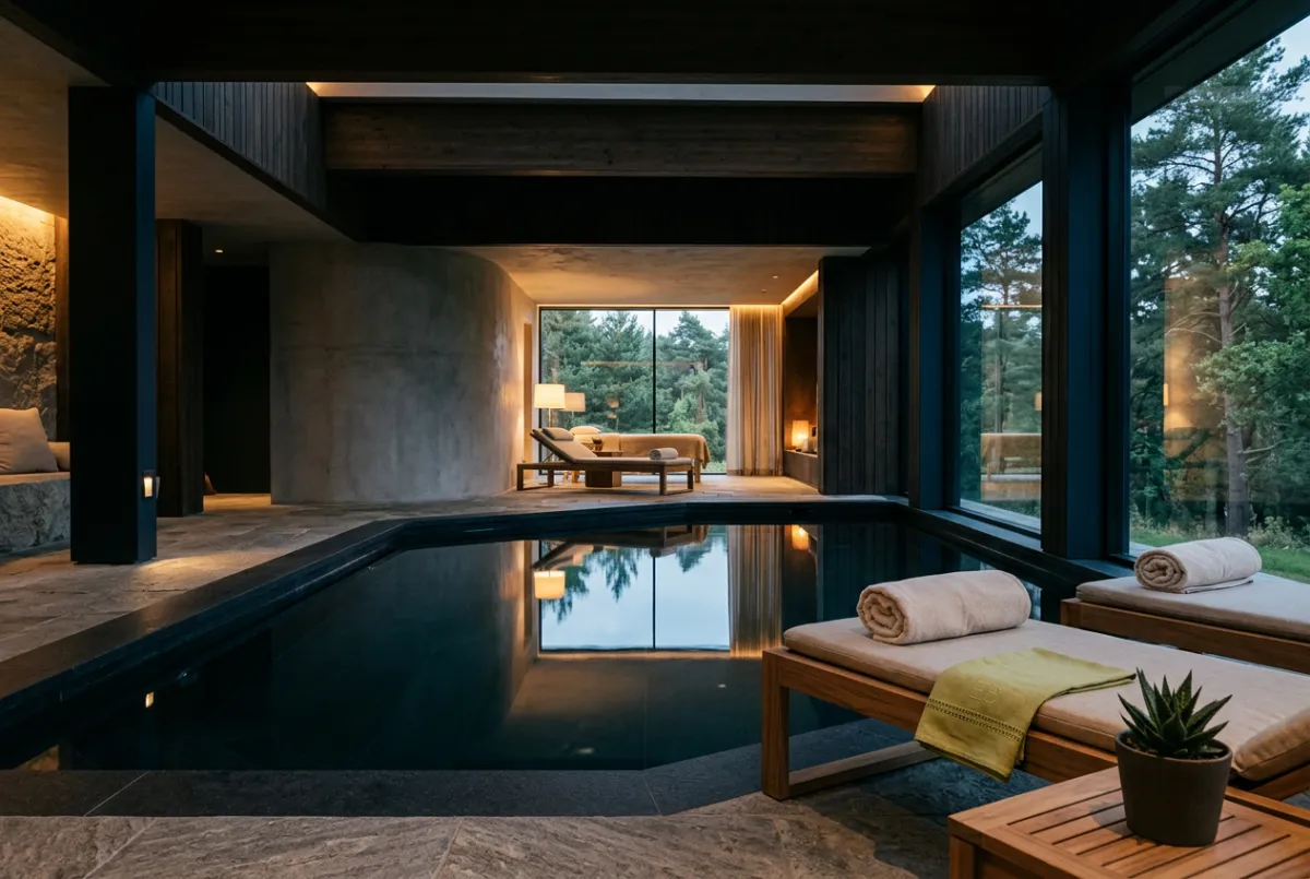 Peaceful luxury spa retreat with relaxation pool and wellness treatment area