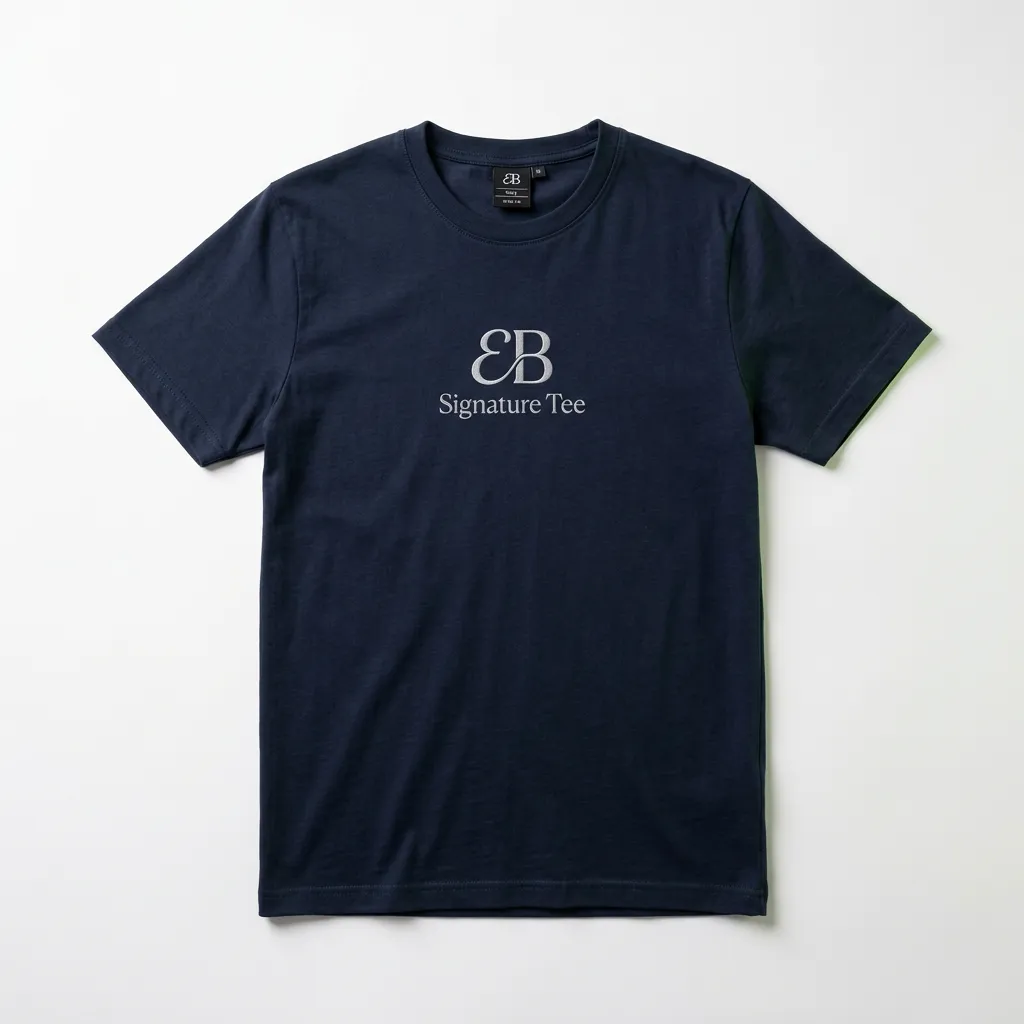 EB Signature Tee in Navy front mockup on clean background