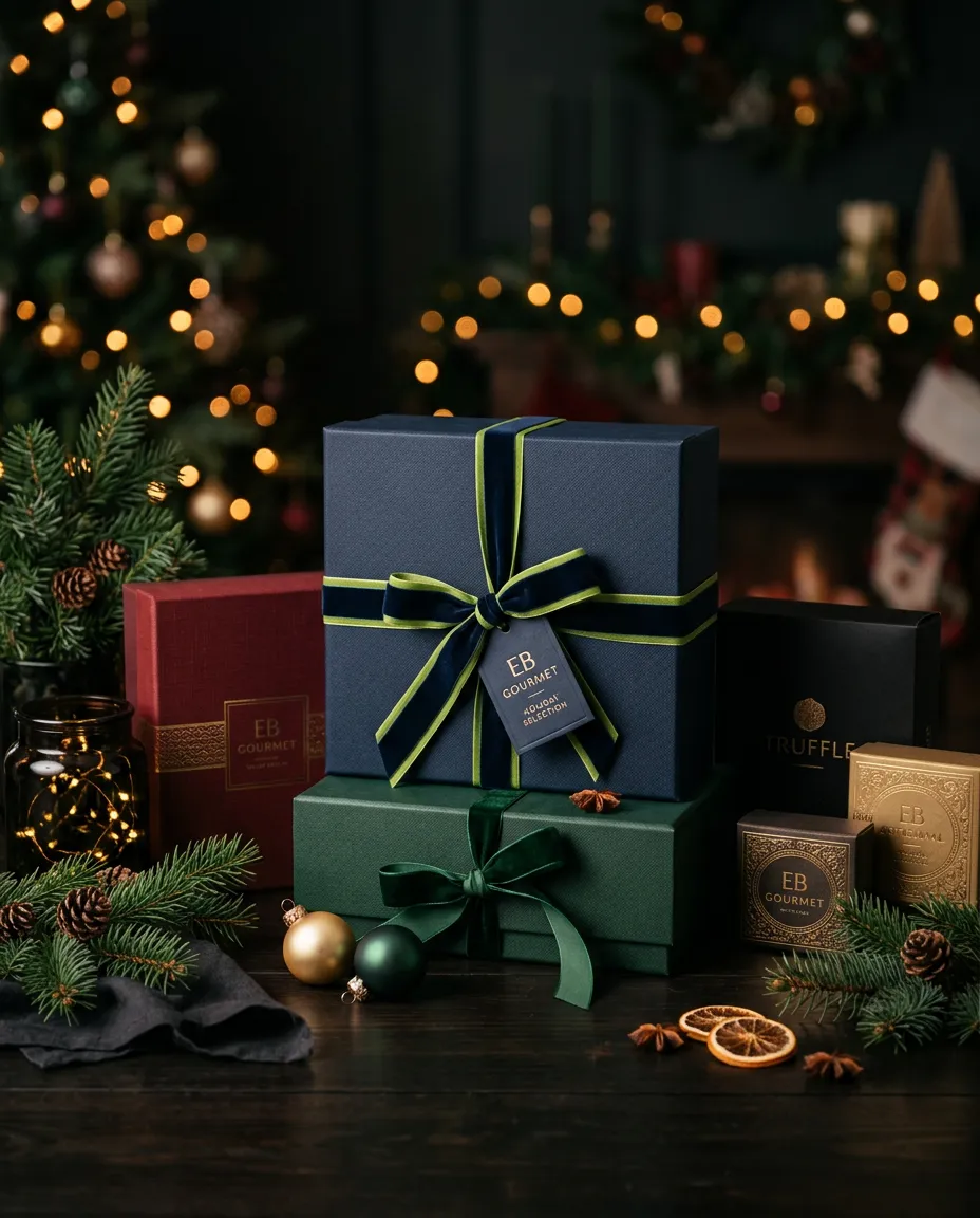 Holiday celebration gift collection with seasonal decor and gourmet gift boxes