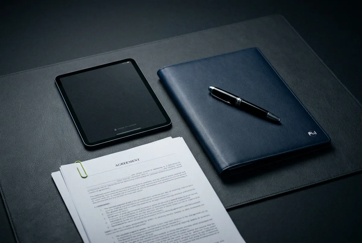 Legal, Financial & Advisory Services - professional desk scene with legal documents and modern tablet