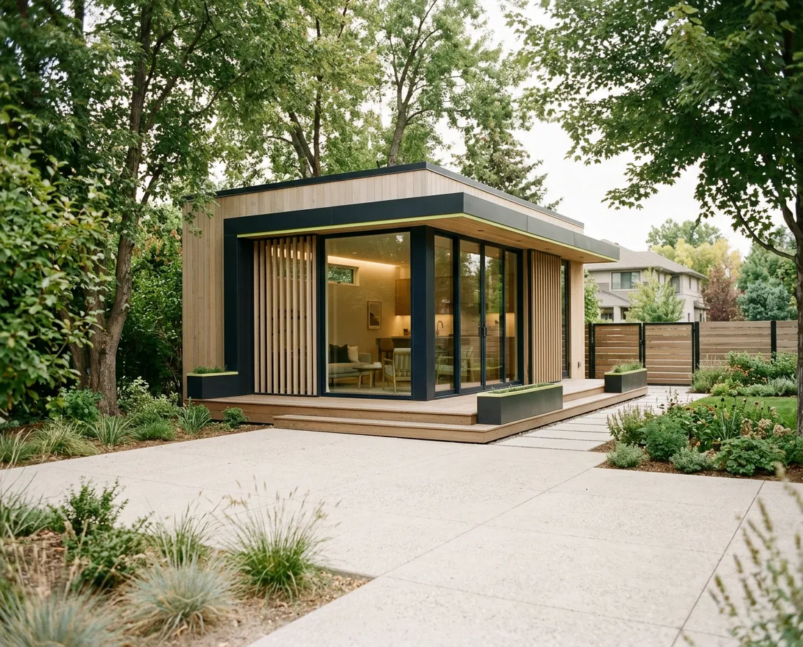 Modern luxury residential accessory dwelling unit with architectural landscaping and natural daylighting