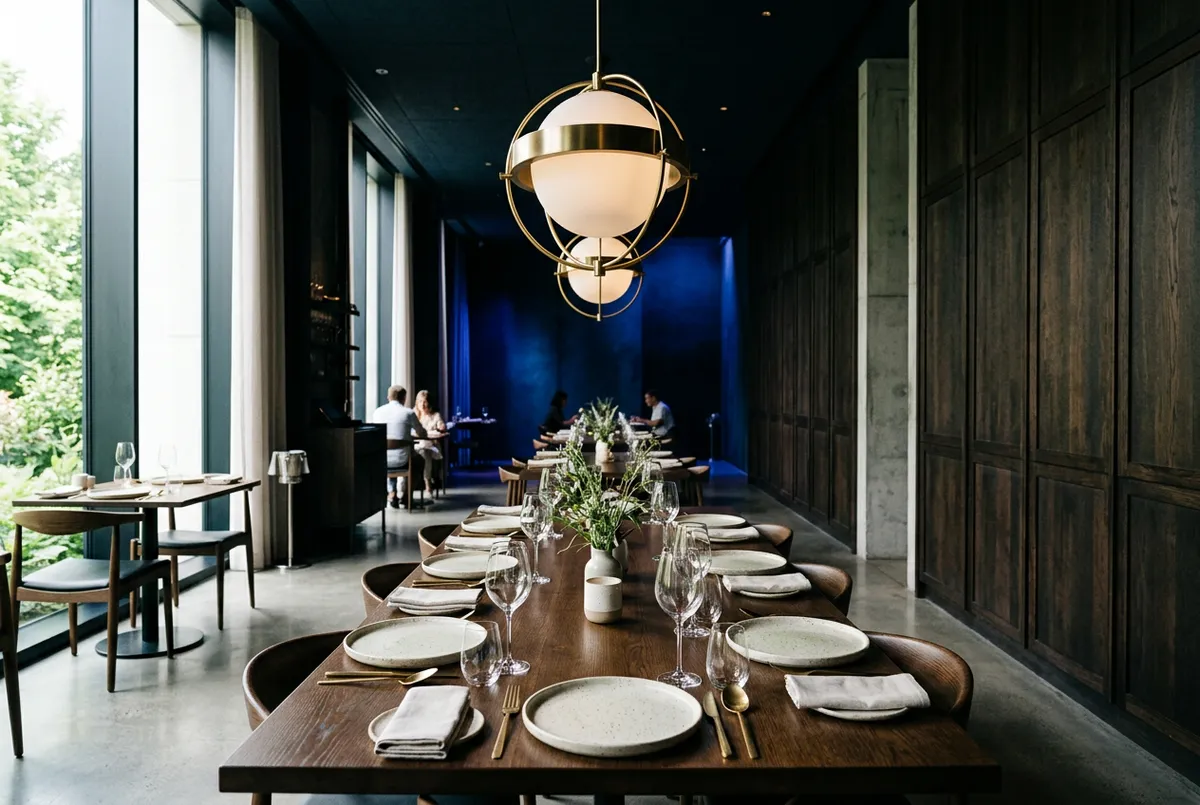 Elegant architectural dining and ambient interior lighting layout