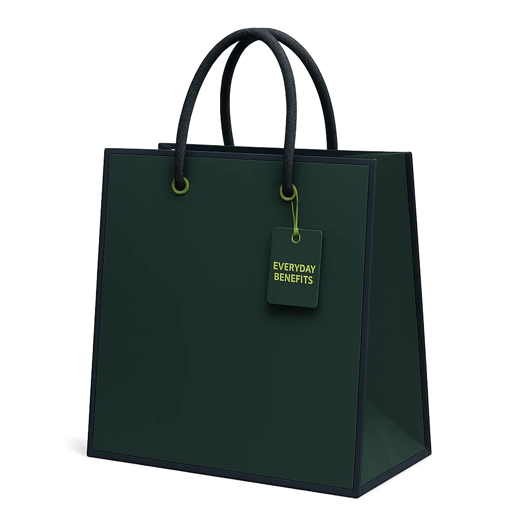 Stylized premium shopping bag with Everyday Benefits green tag and lime green accent elements