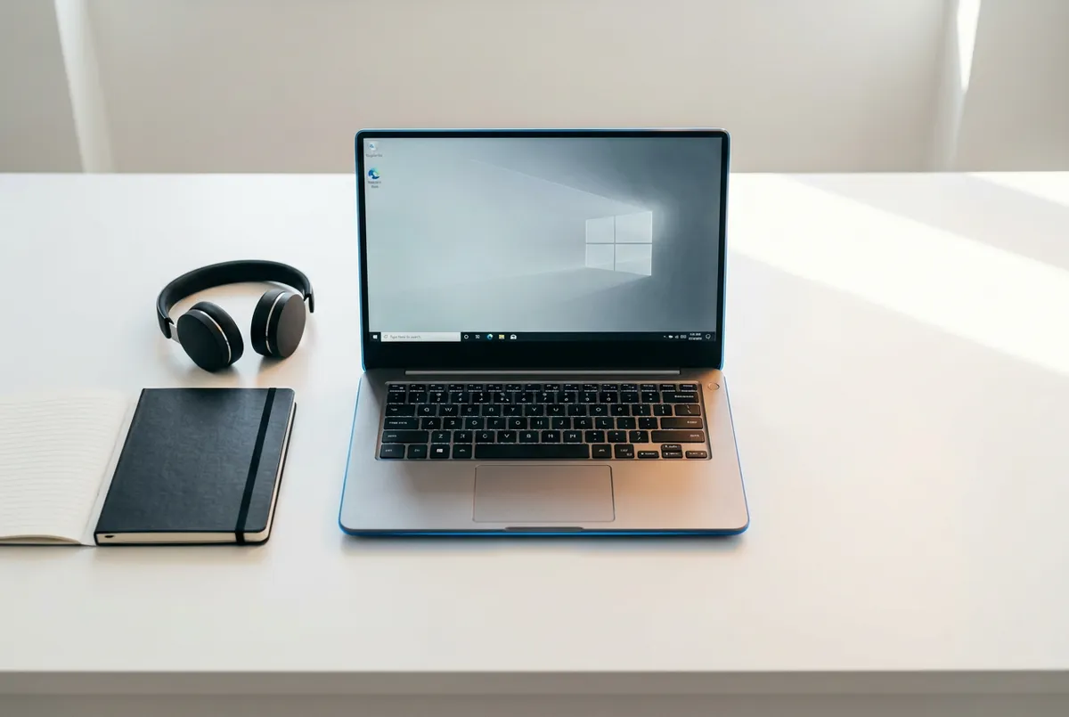 High performance student laptop and accessories arranged on a clean desk