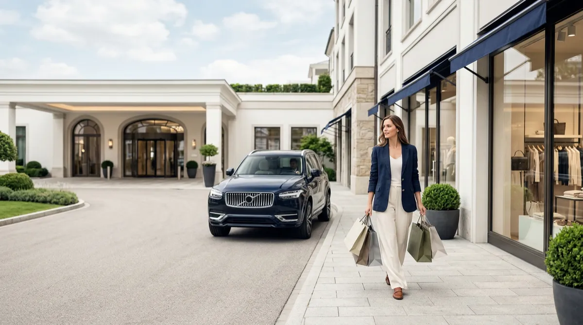 Premium editorial lifestyle scene combining upscale travel/experiences, premium shopping, and luxury transportation—unbranded, cinematic, high-end.