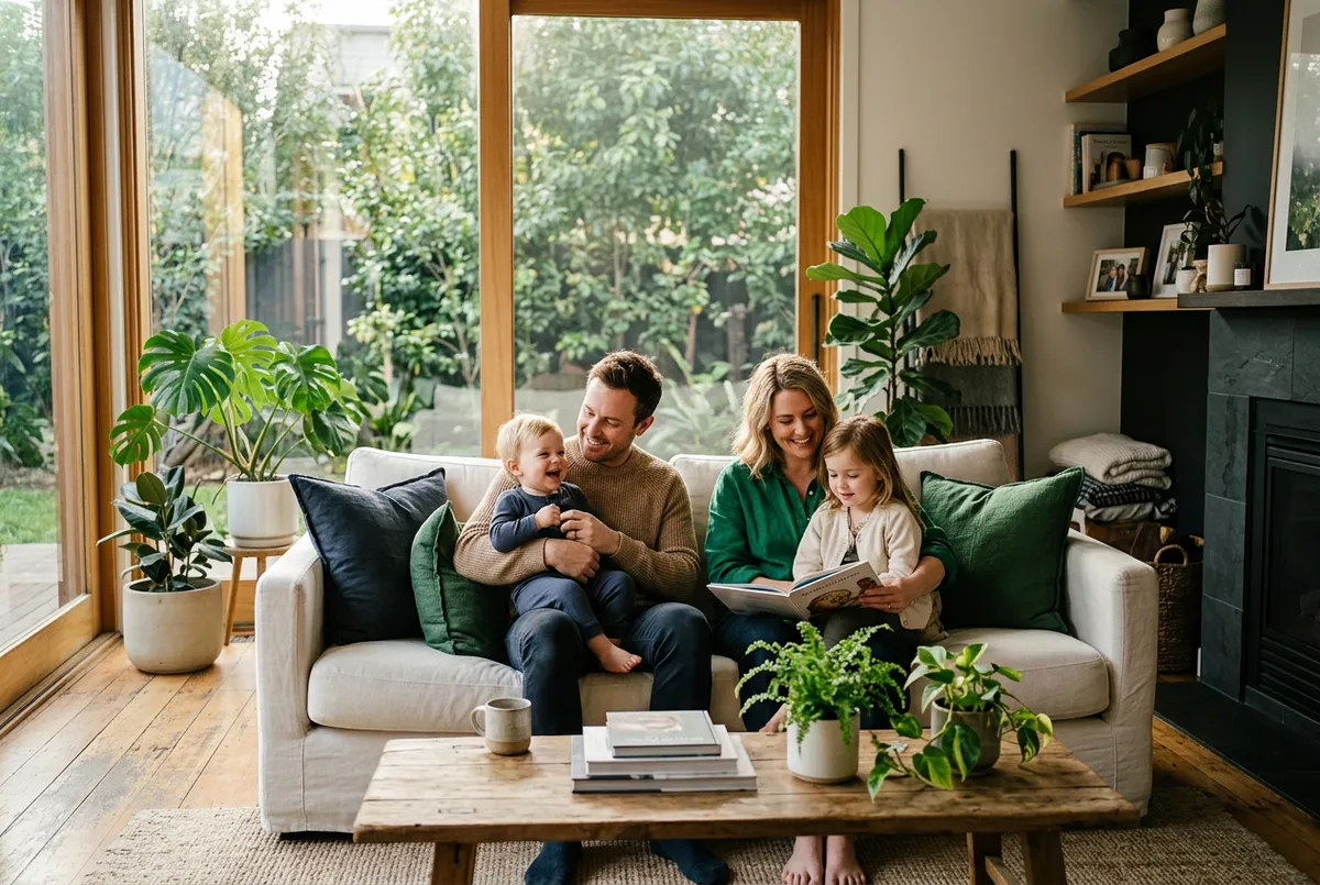 A professional lifestyle photograph of a family in a sun-drenched modern home representing financial security and peace of mind